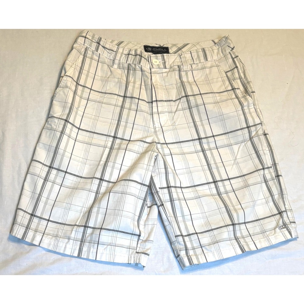 O'Neill Plaid Walk Shorts Mens 32 White Grey‎ Casual Summer Flat Front